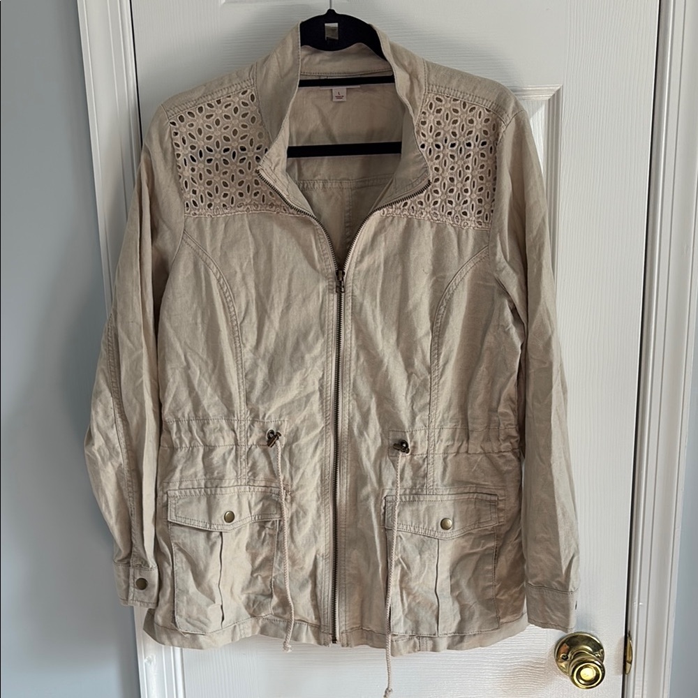 DB Linen Cotton Blend Tan Utility Jacket with Eyelet Details Size L